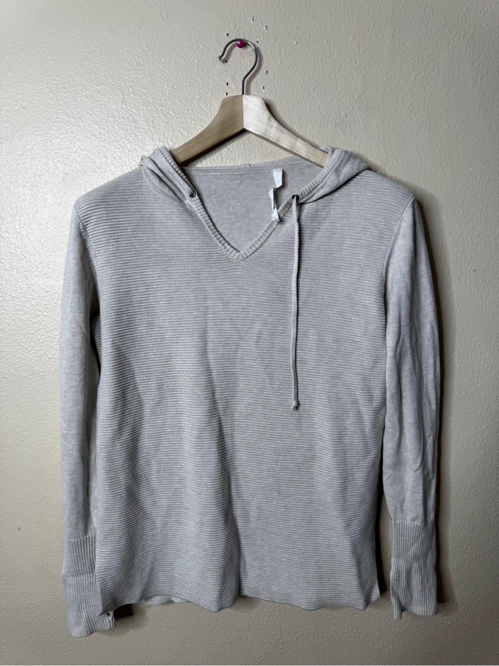 Athleta Womens M Gray V Neck Hooded Sweater Pullover Cotton Blend Long Sleeve